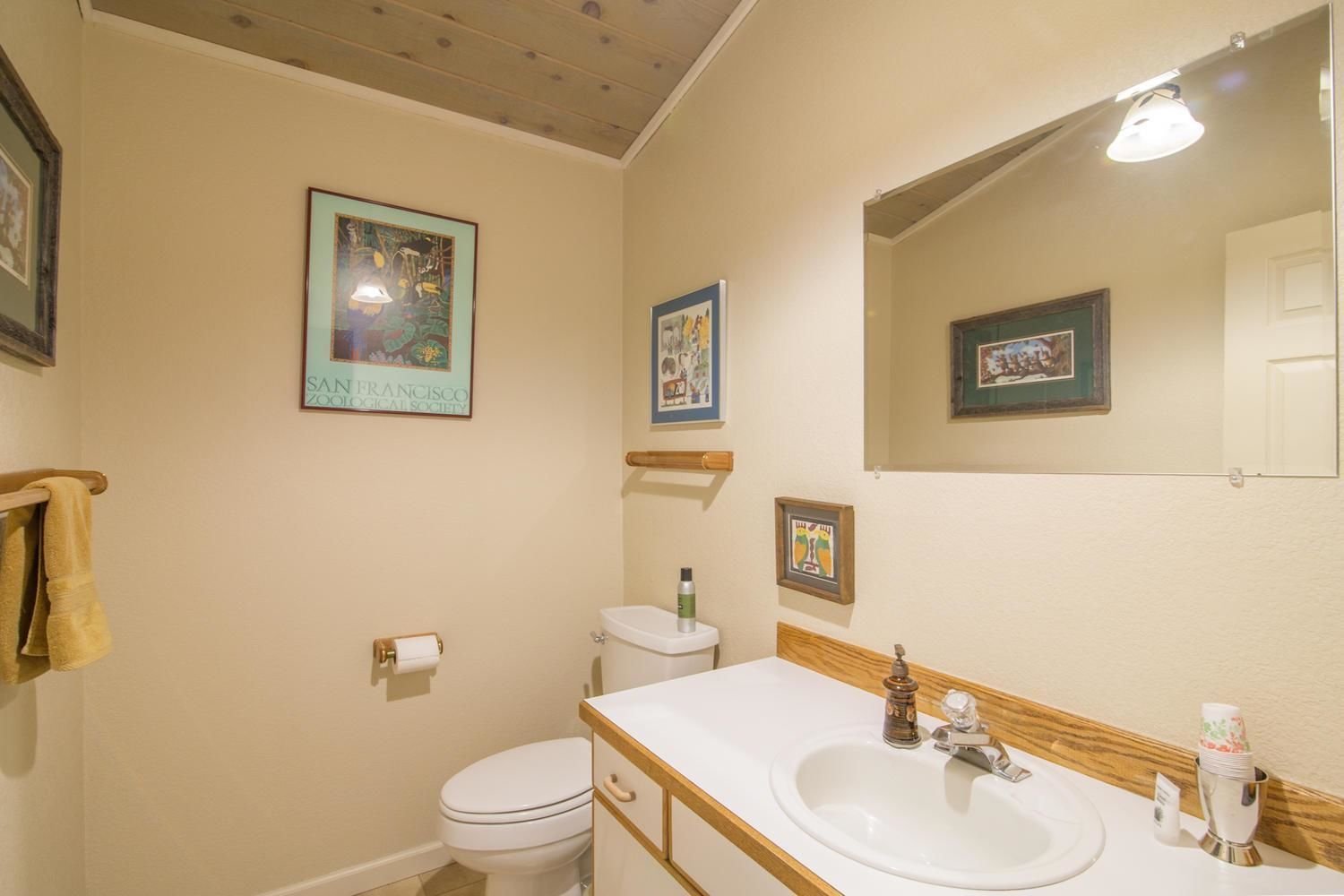 A bathroom with a toilet, sink, and framed artwork on the walls.