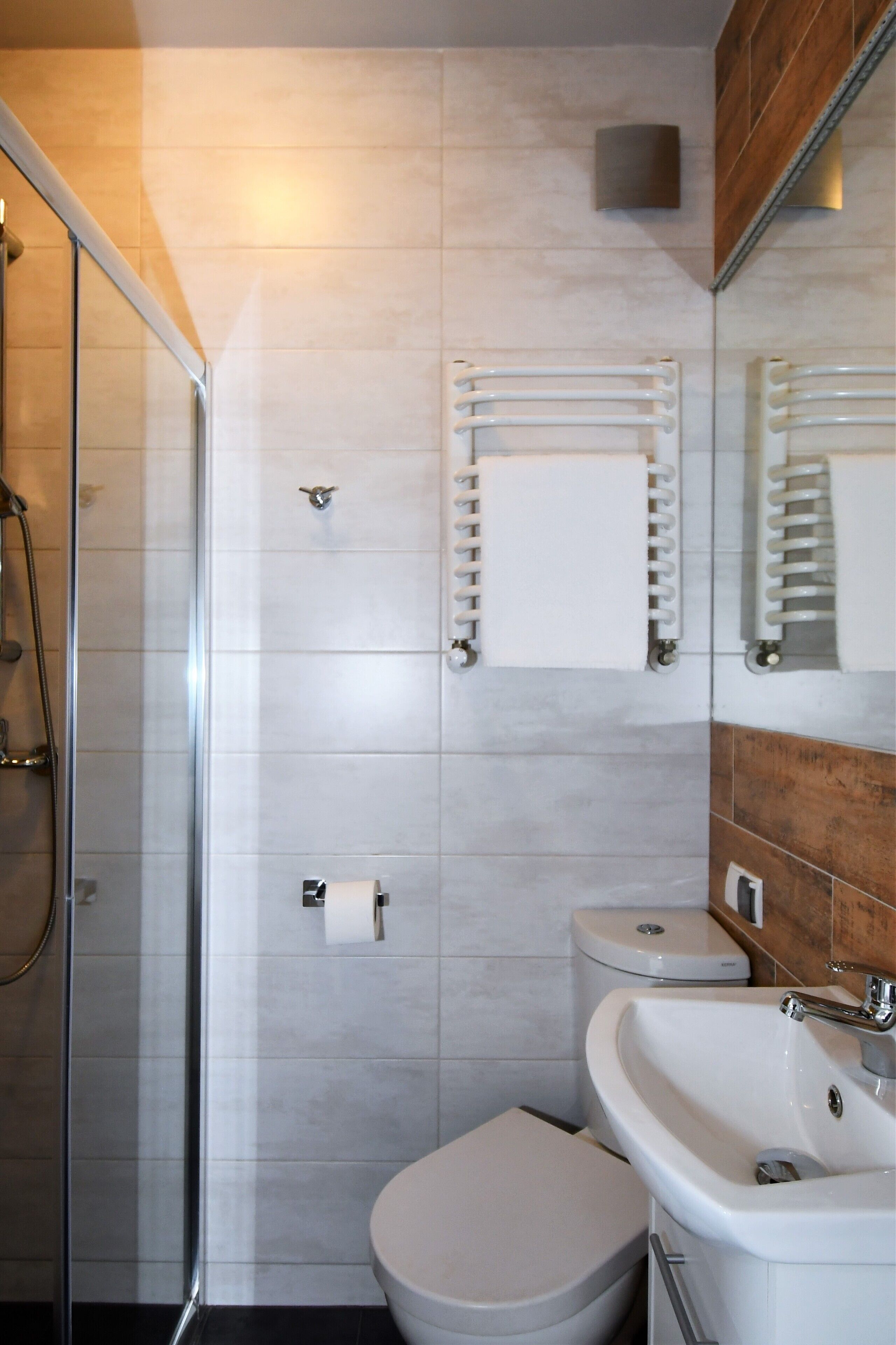 A modern bathroom with a glass shower enclosure, a toilet, and a sink.
