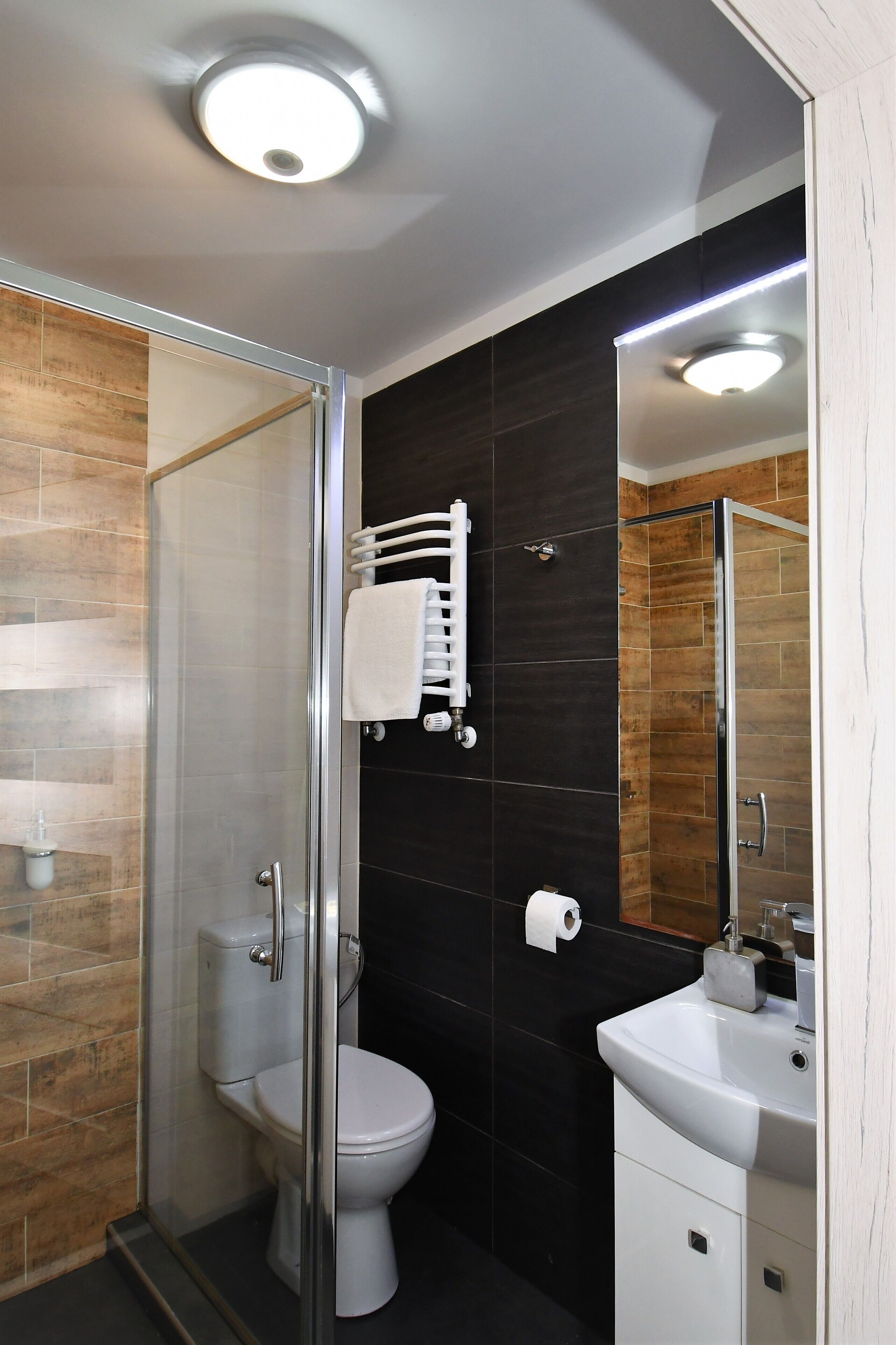 A modern bathroom with a glass shower enclosure, a white toilet, a black tiled wall, and a white sink with a mirror.