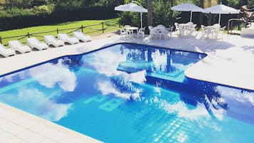 Indoor pool, outdoor pool, pool loungers