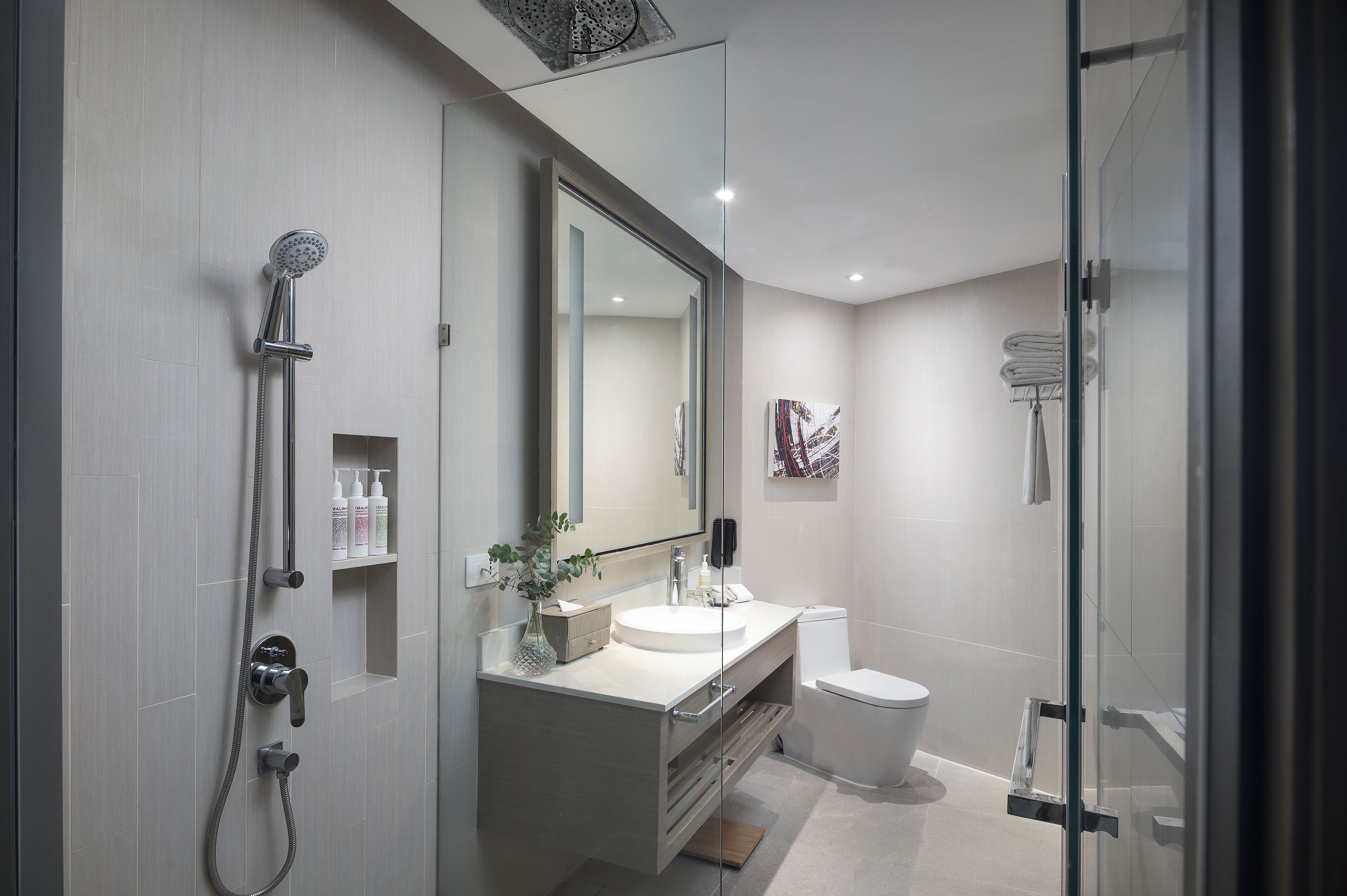 A modern bathroom with a glass shower enclosure, a large mirror, and a white sink.