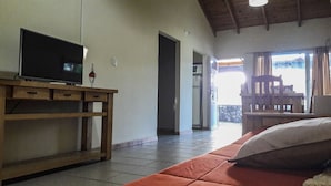 Ein Zimmer mit einem Bett, einem Holztisch mit Fernseher und Blick ins Freie durch ein Fenster.