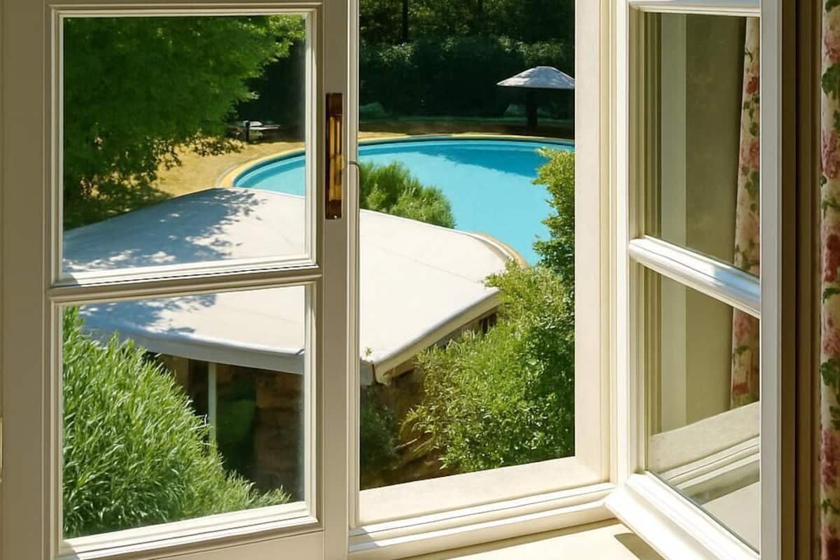 A view through a window with a pool and greenery visible outside.