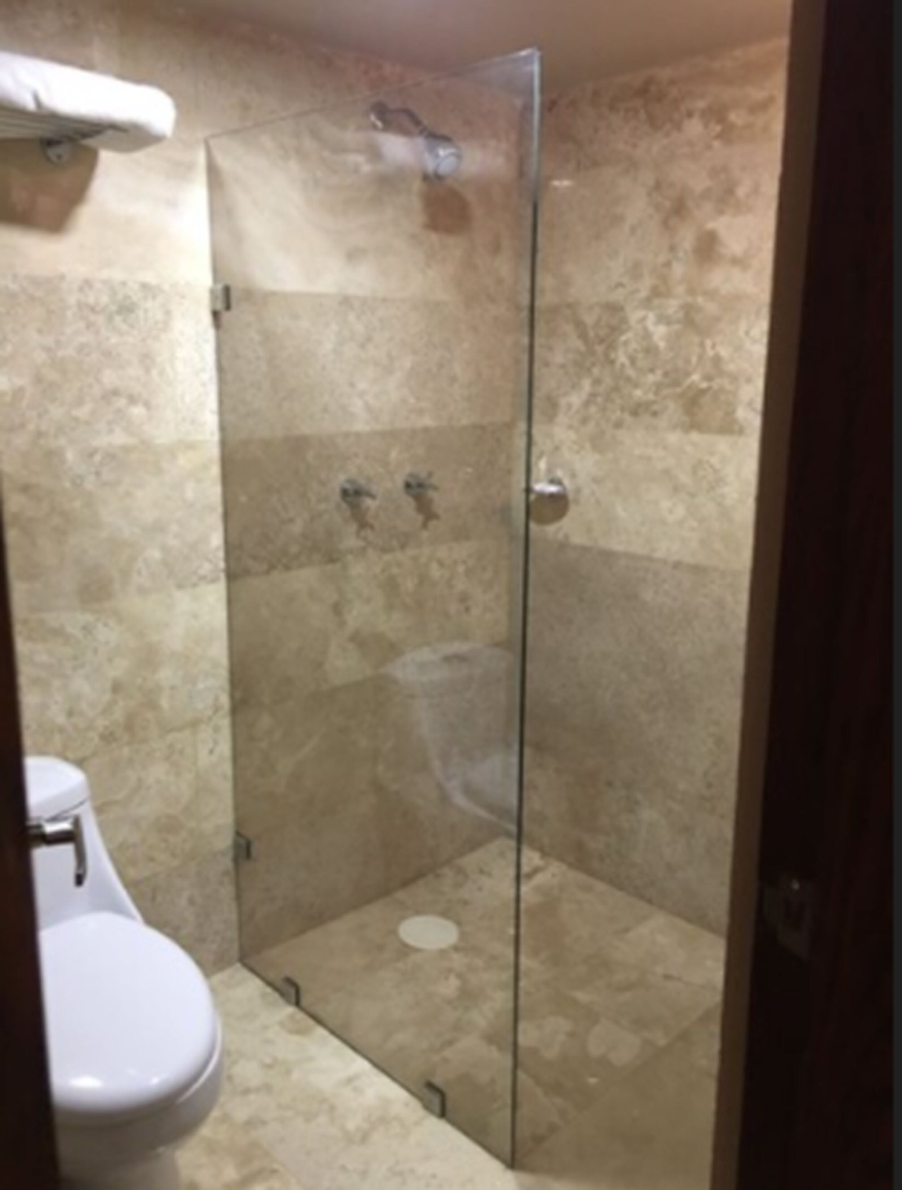 Ein Badezimmer mit einer gläsernen Duschkabine, einer Toilette und einer Wand mit Marmorfliesen.