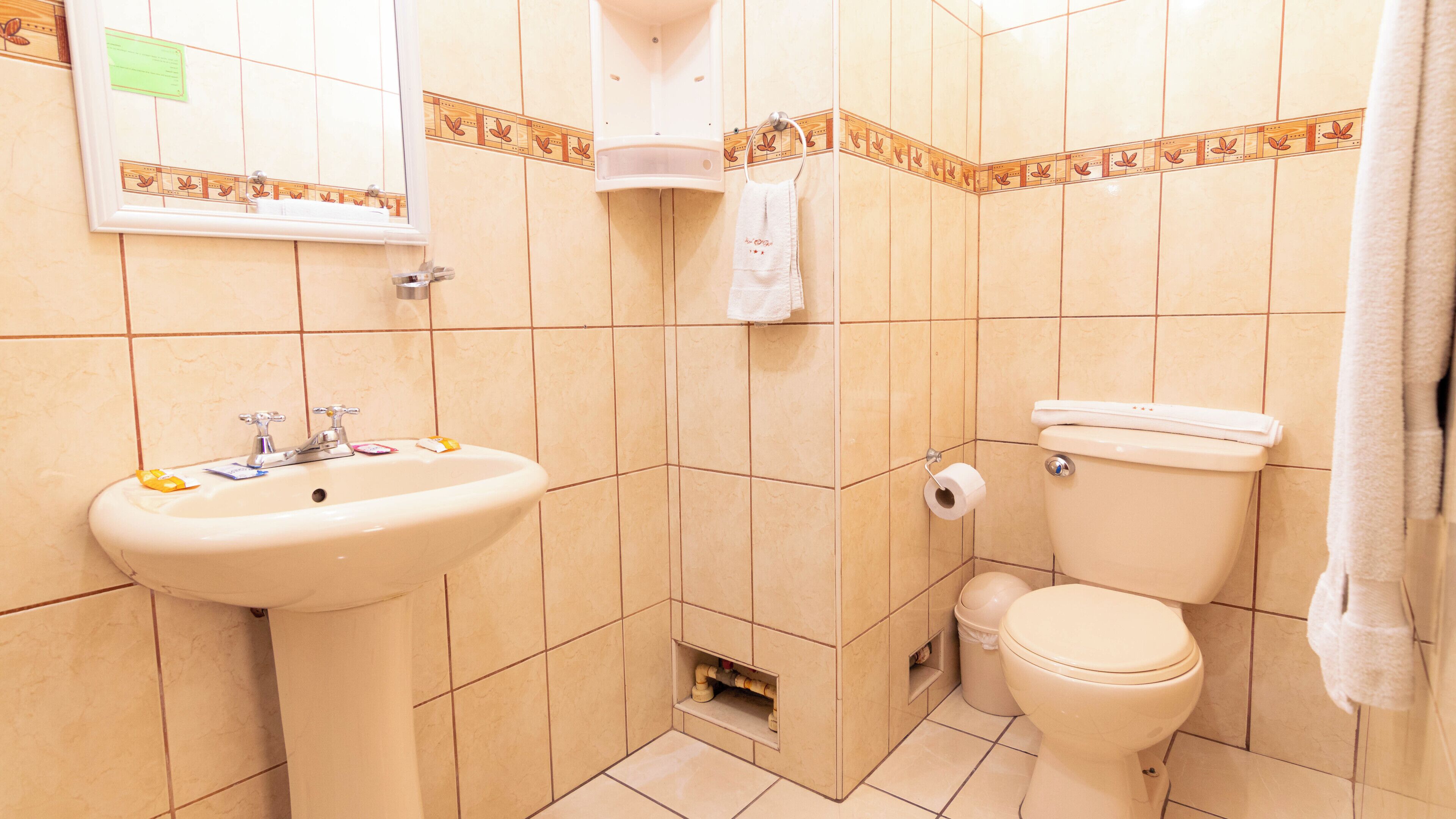A bathroom with a sink, toilet, and a towel rack.