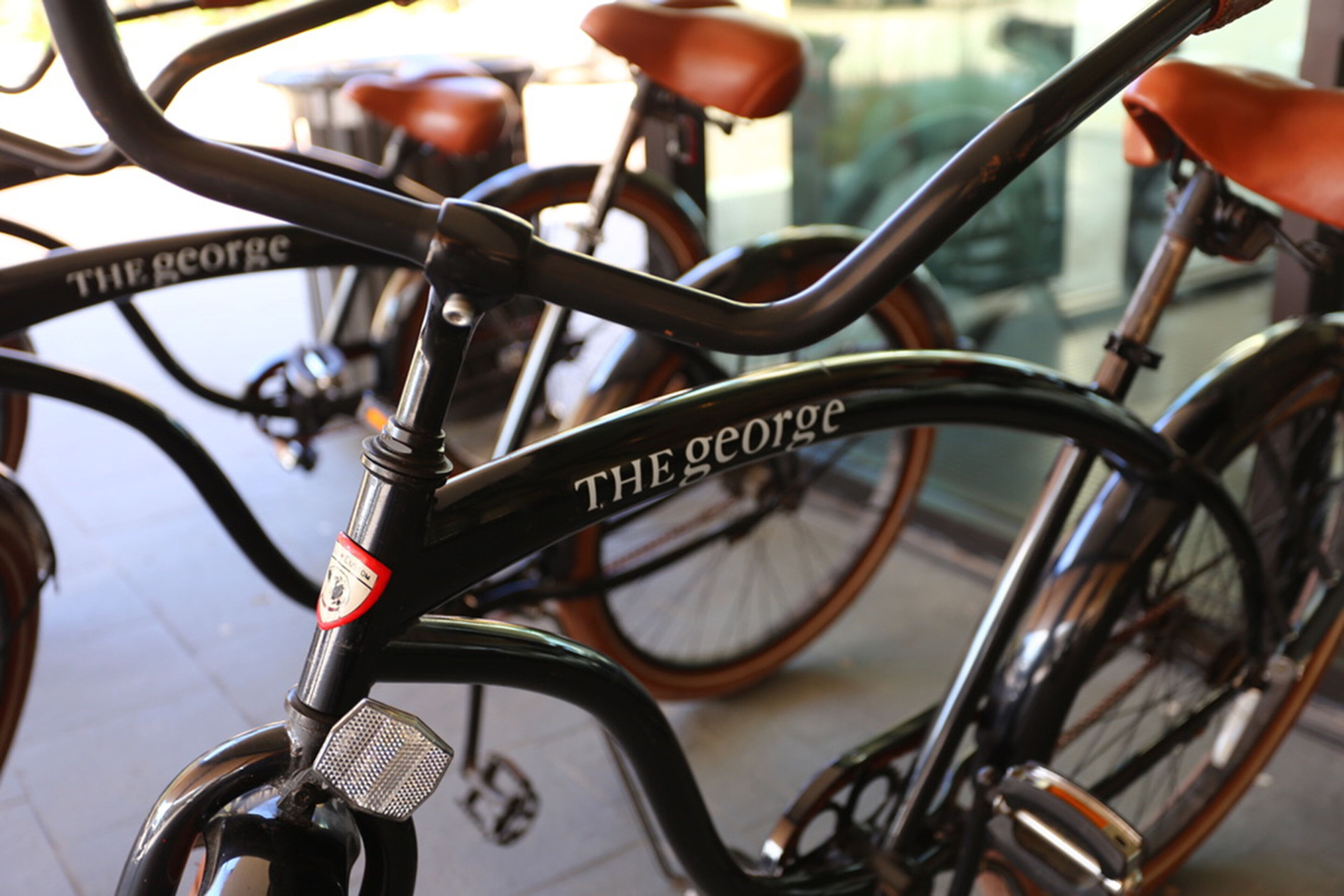 A close-up of a bicycle with the name "THE GEORGE" on the frame.