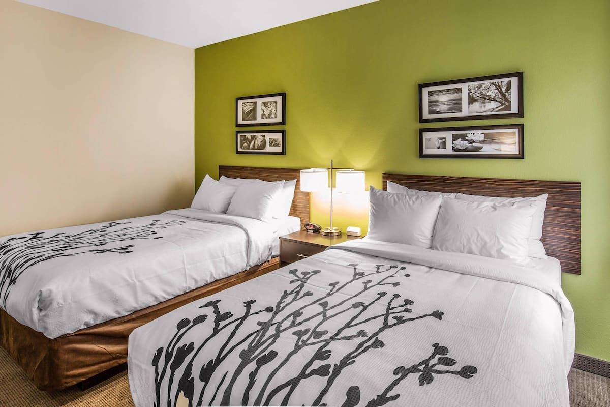 A hotel room with two beds, a nightstand with a lamp, and framed pictures on the wall.