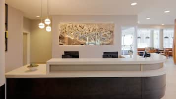 A reception desk with a modern design, a large abstract wall art piece above it, and a seating area with sofas and a coffee table in the background.