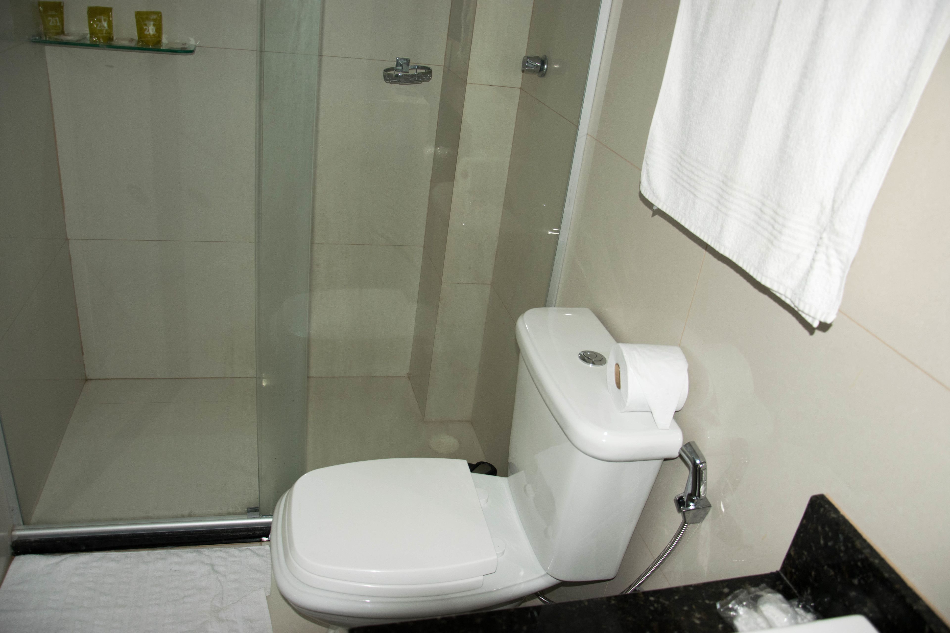 A bathroom with a glass shower enclosure, a toilet, and a sink.