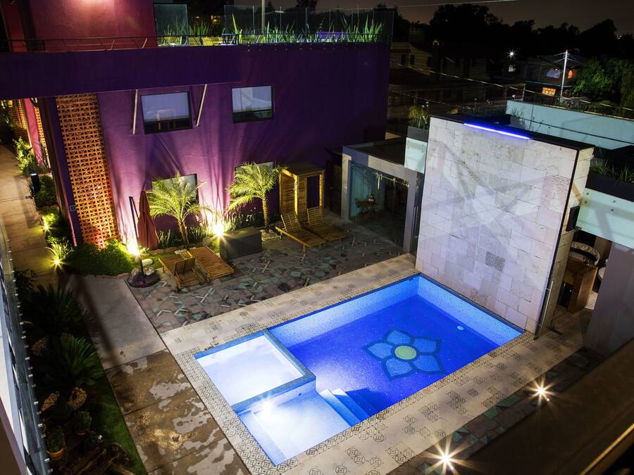 Outdoor pool, pool umbrellas, pool loungers
