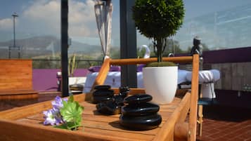 Outdoor treatment area, sauna, body treatments, aromatherapy