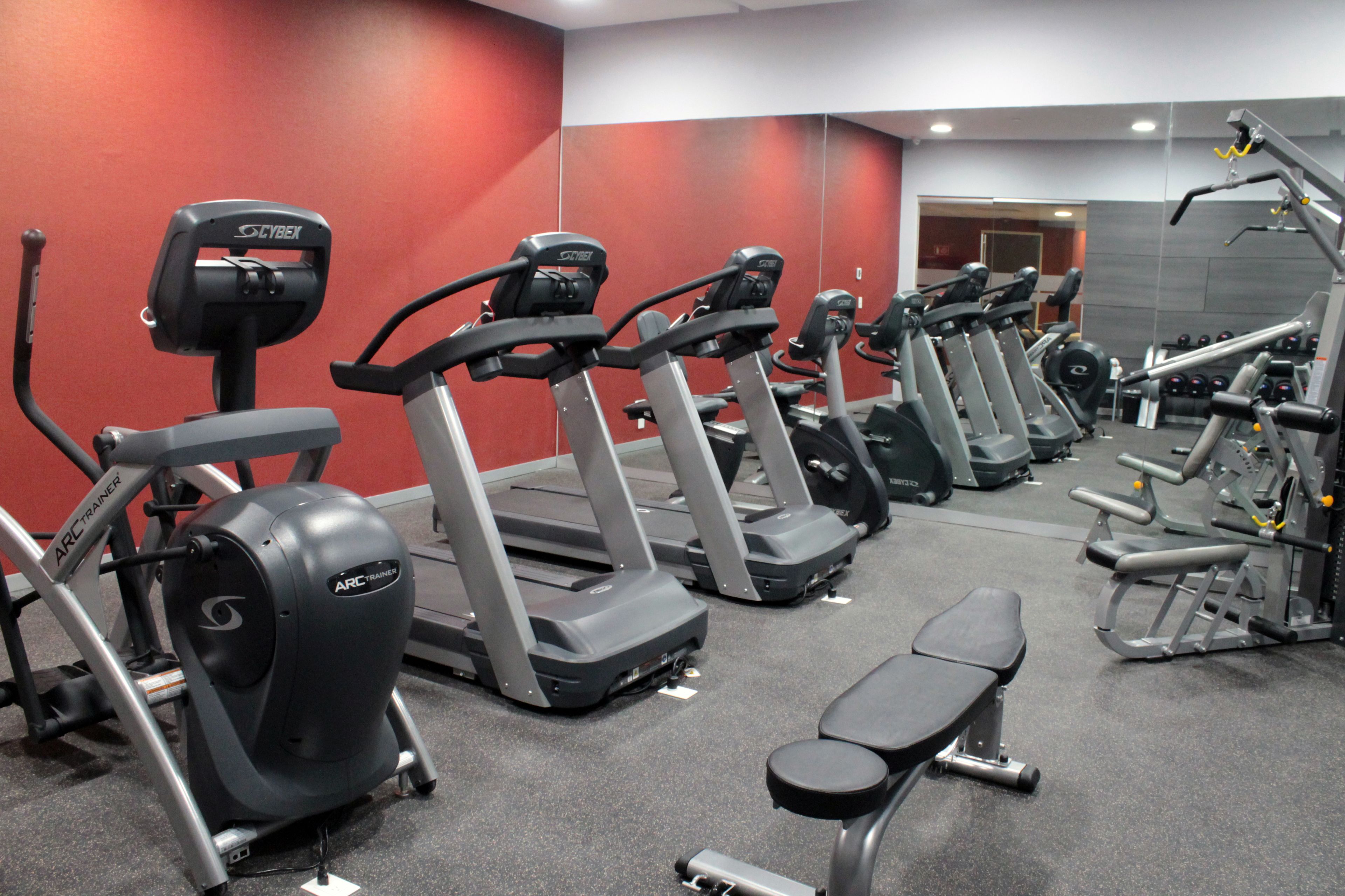 Un gimnasio con cintas de correr, una banca y máquinas de pesas.