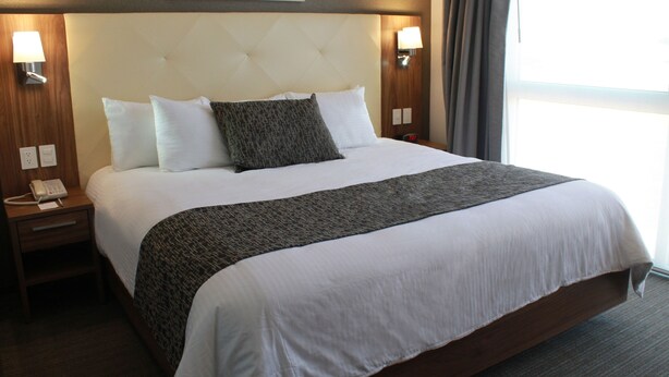 A hotel room with a large bed, a headboard with a tufted design, two bedside lamps, a telephone, and a painting on the wall. - Hotel Casa Inn Business Irapuato (Irapuato)