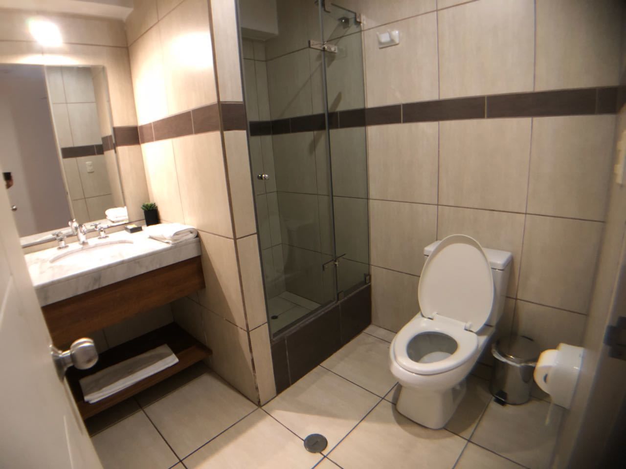 Un baño con ducha de vidrio, inodoro y lavamanos con encimera de mármol.