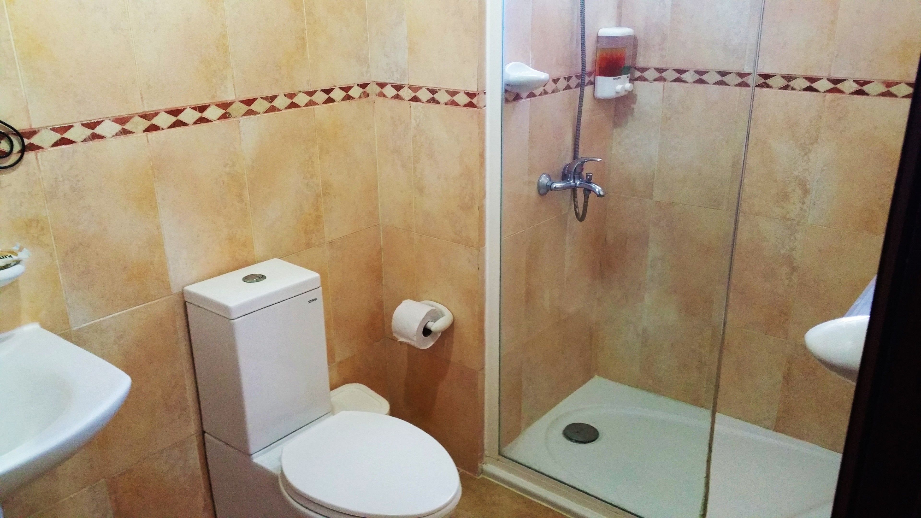 A bathroom with a toilet, a shower, and a sink.