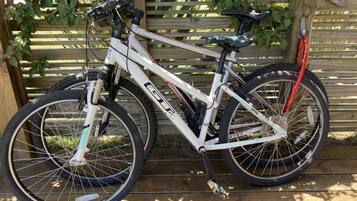 A mountain bike parked against a wooden fence with greenery.
