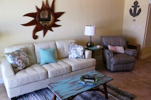 Condo, 1 Bedroom, Balcony, Beachfront | Living area | Flat-screen TV, DVD player - Clearwater 1C by ALBVR (Gulf Shores)