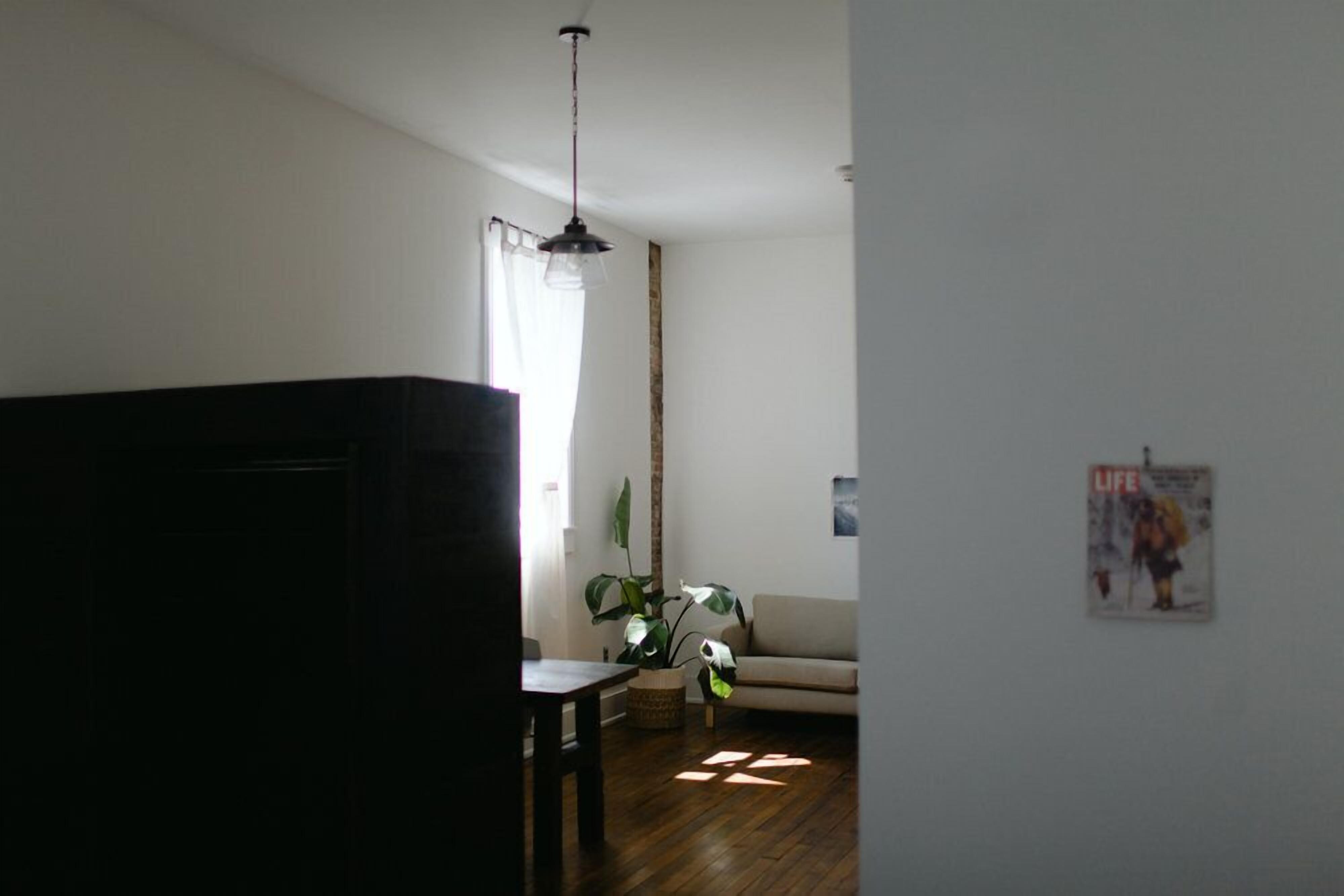A living room with a sofa, a coffee table, a TV, a hanging light fixture, and a plant.