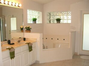 A bathroom with a bathtub, a large mirror, and a window with plants. - Very Comfortable Villa Close by Theme Parks (Haines City)