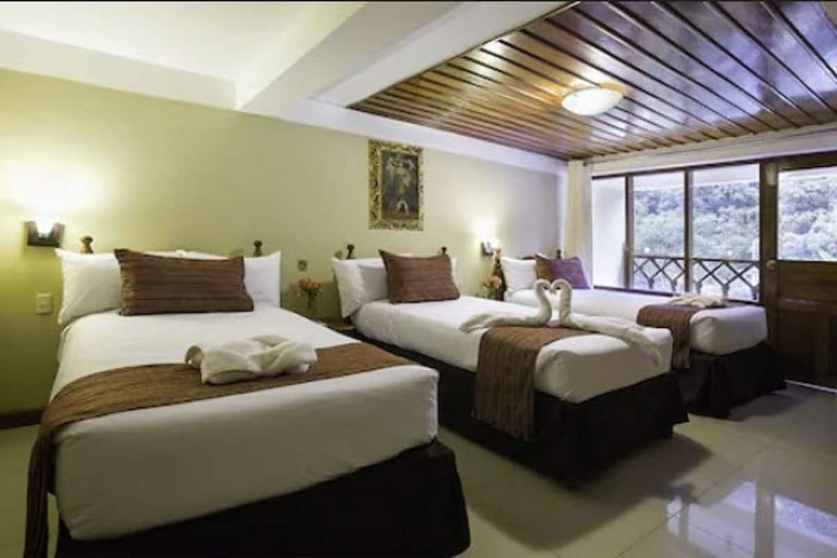 Habitación de hotel con tres camas, techo de madera y un amplio ventanal con vistas a árboles.