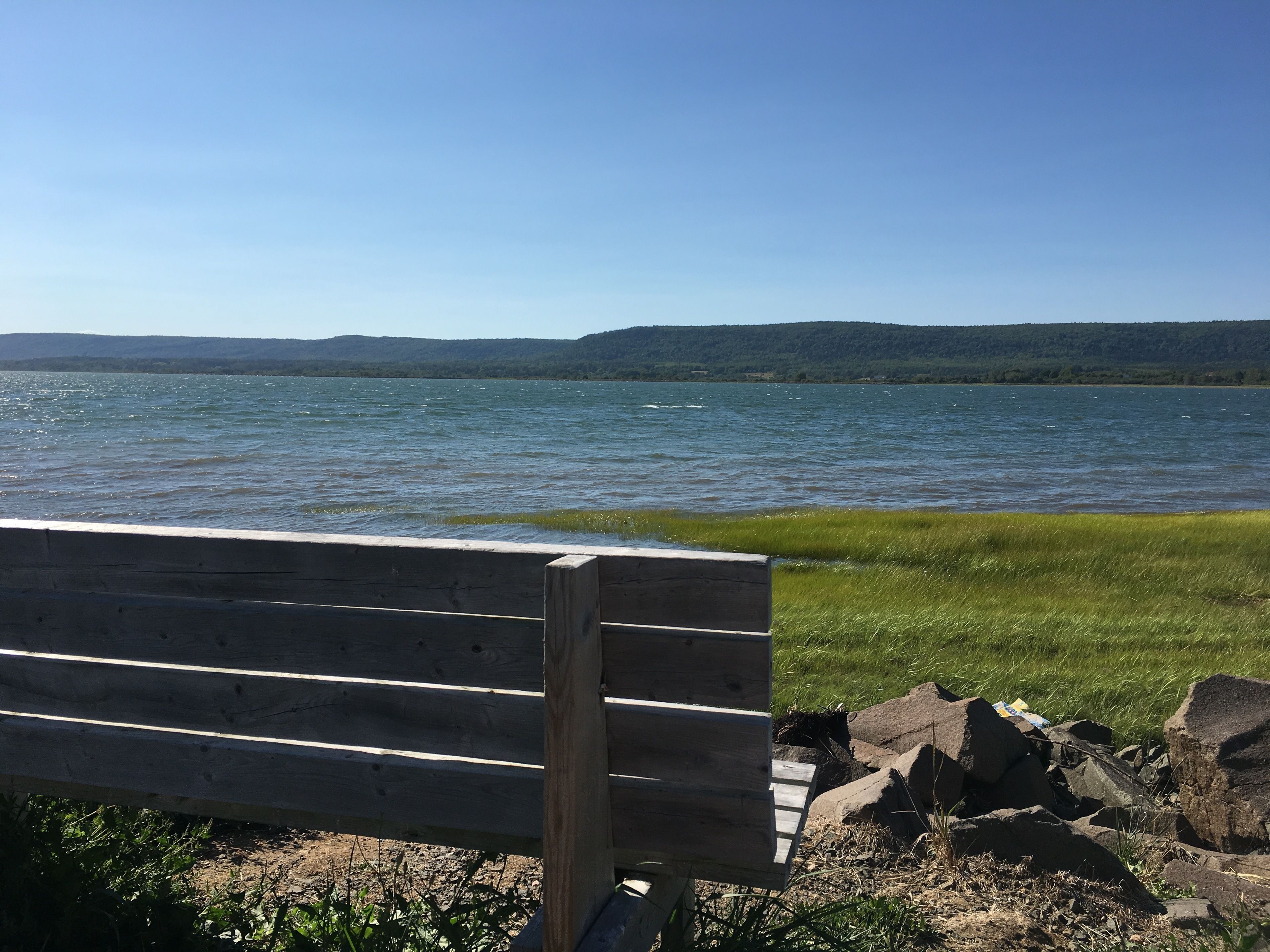 A wooden bench by a lake with a grassy shoreline and rocks.