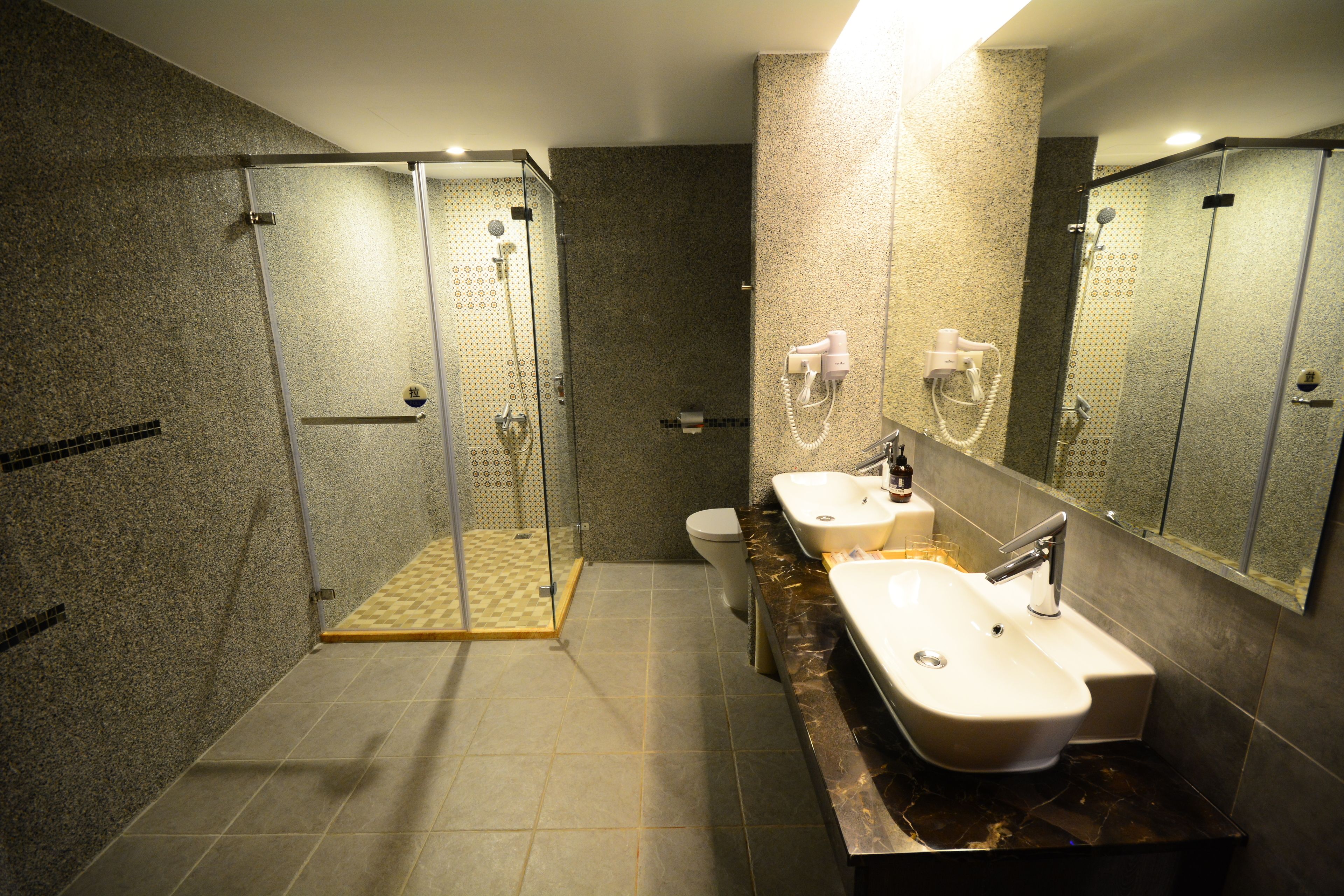 Une salle de bain moderne dotée d’une douche à parois de verre, d’un meuble-lavabo à deux vasques et d’un grand miroir.