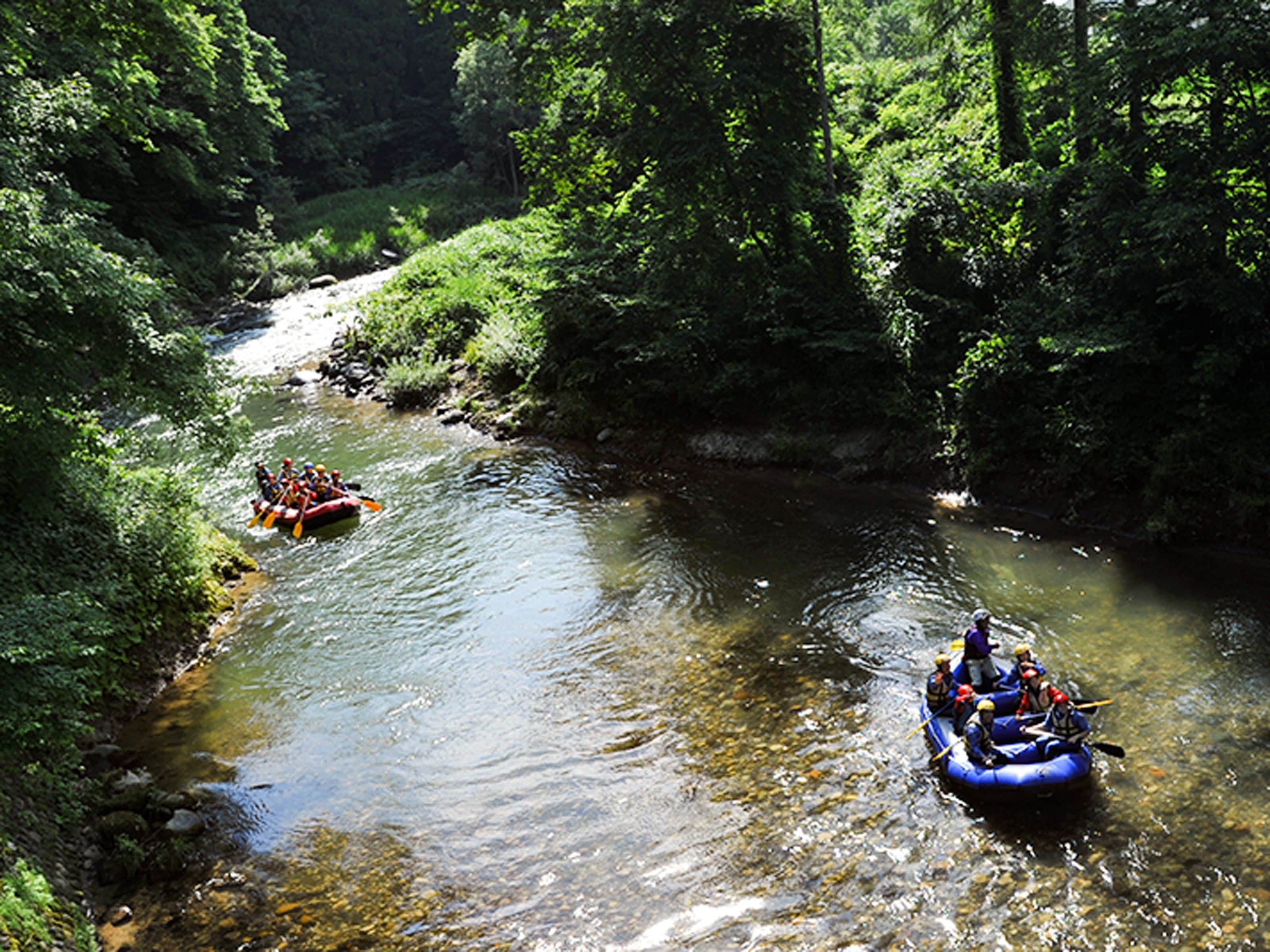 A river with two inflatable rafts, surrounded by dense greenery.