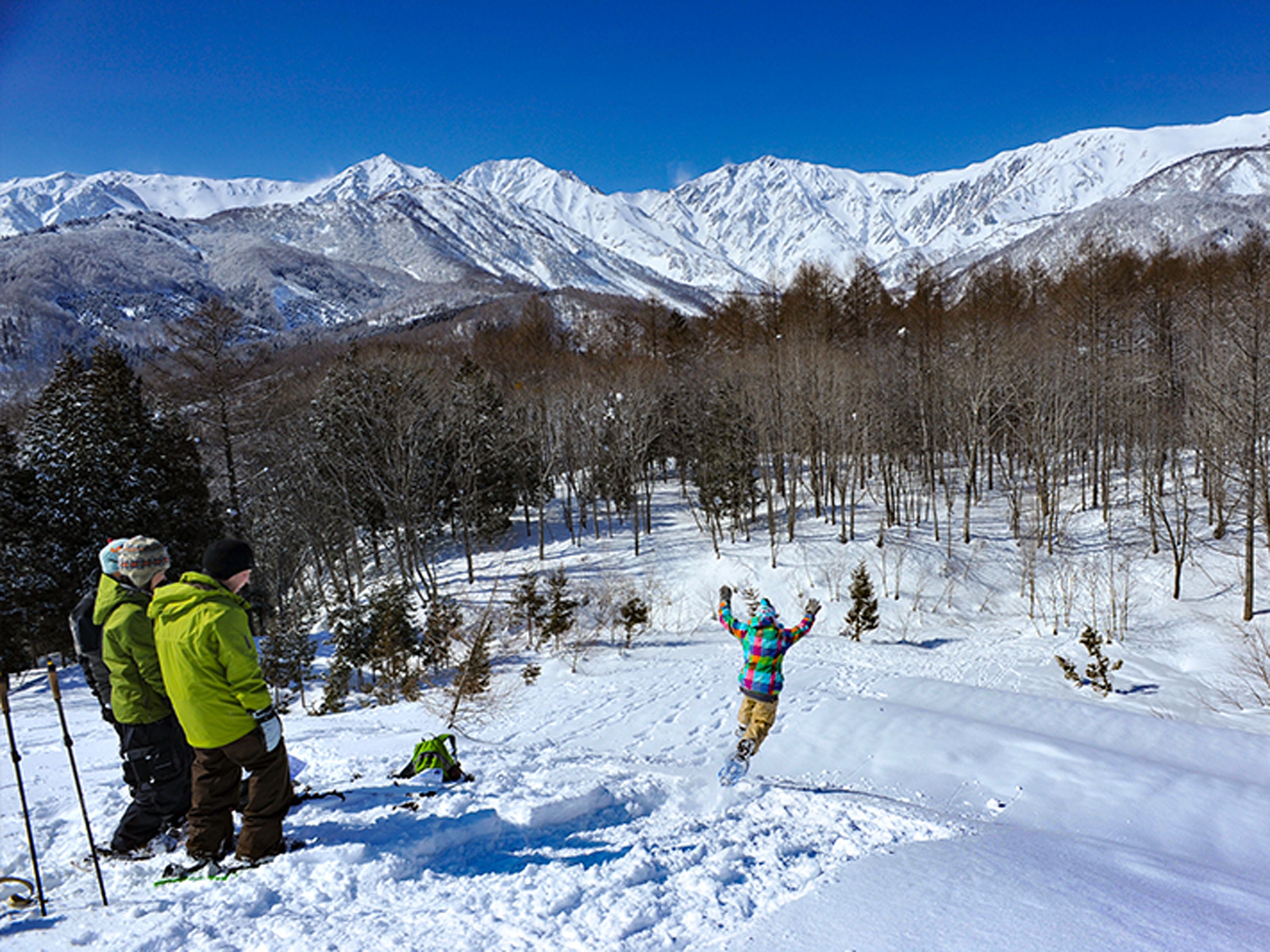 A snowy mountain landscape with a skier in mid-action.