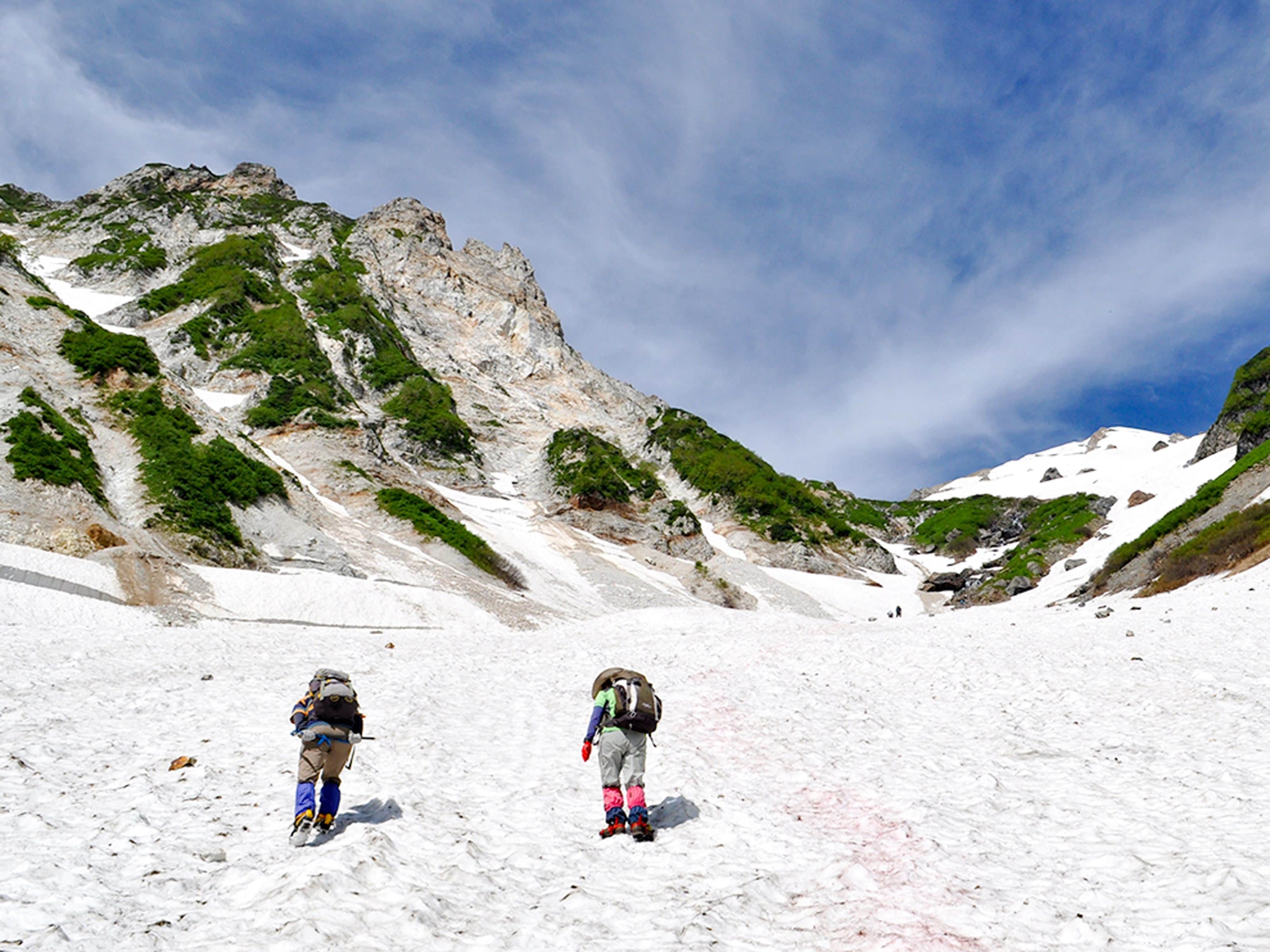 A snowy mountain landscape with rocky terrain and sparse vegetation.