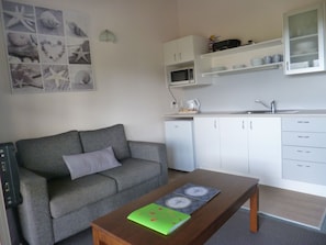 A compact living space with a grey sofa, a wooden coffee table, a kitchen area with white cabinets, a microwave, and a sink.