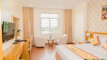 A double room with a bed, desk, chairs, a TV, and a window with curtains.