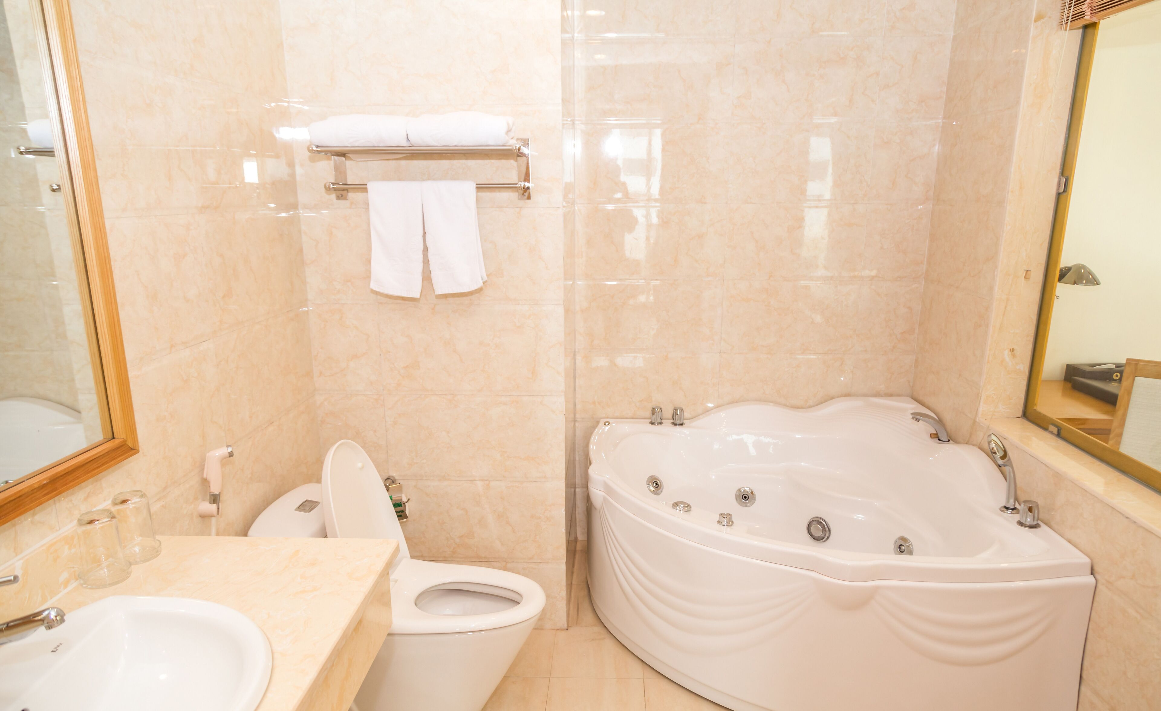 free toiletries, hair dryer, bathrobes, slippers