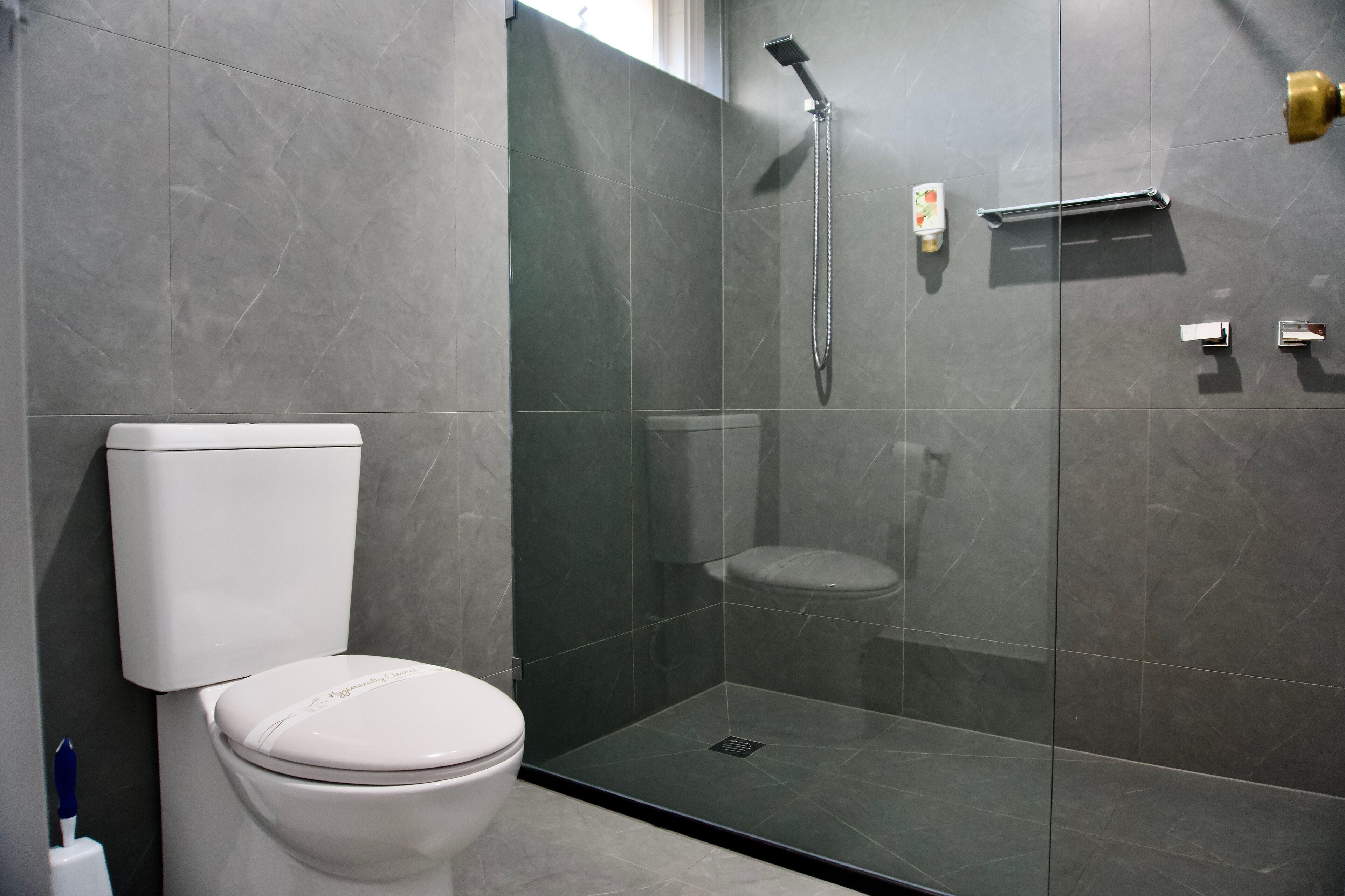 Shower, free toiletries, hair dryer, towels