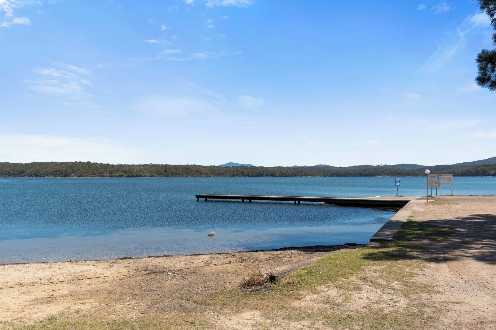 A lake with a wooden dock extending into the water, surrounded by a grassy area and a forested hill in the background.