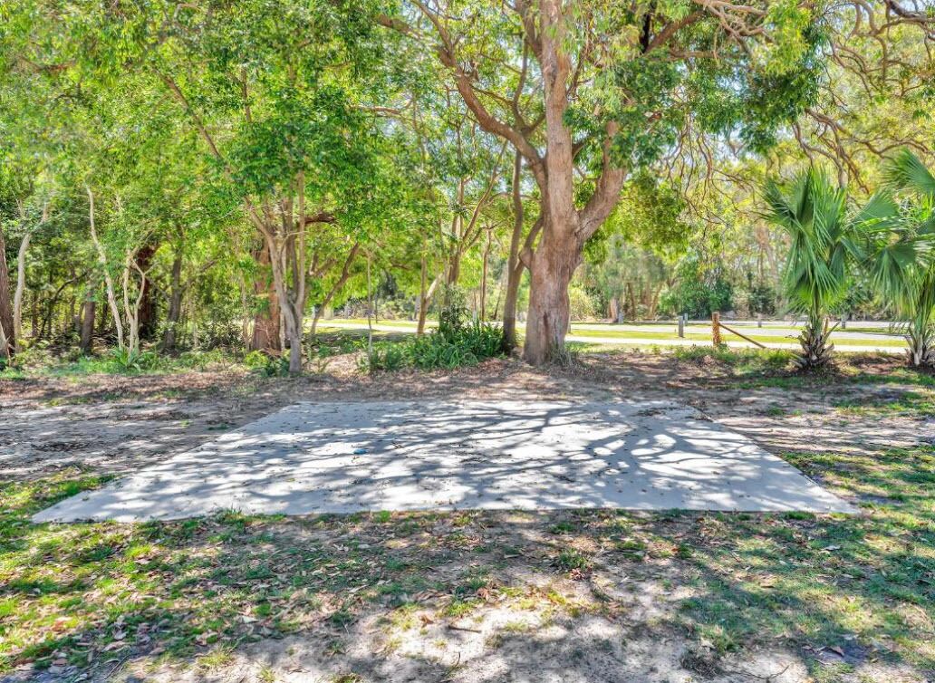 Un parc doté d’une zone dallée, entourée d’arbres et de verdure.