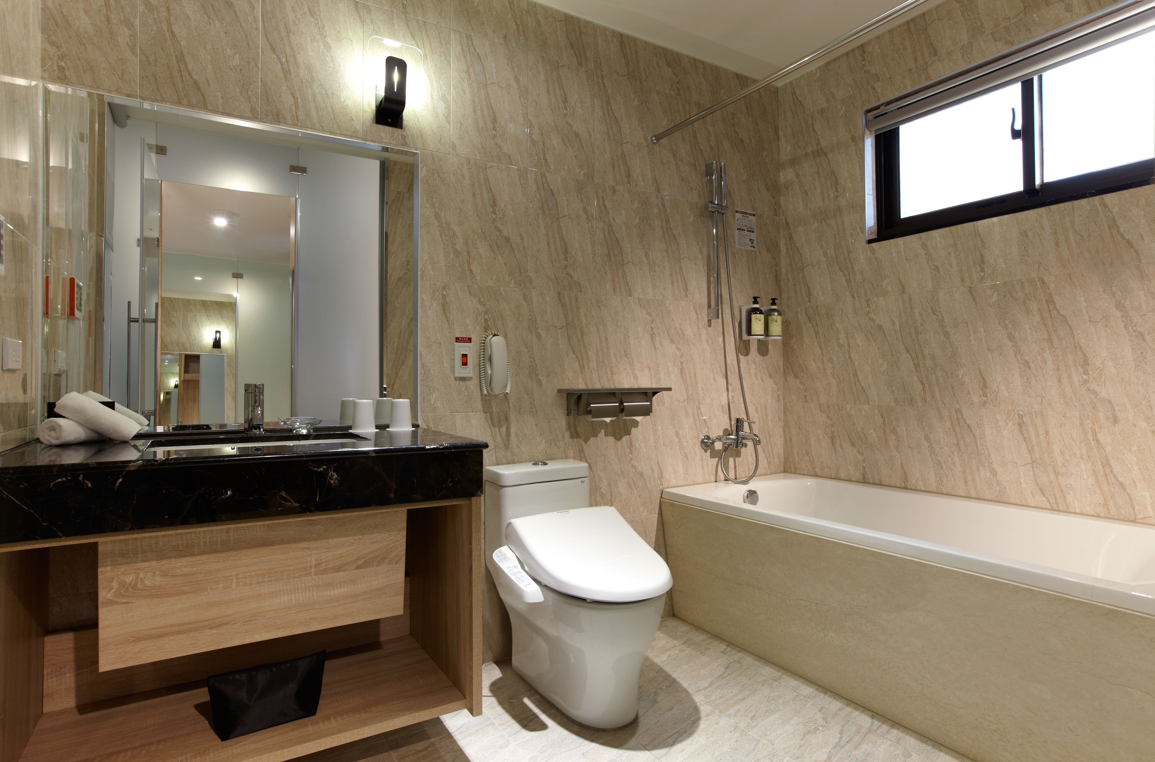 free toiletries, hair dryer, slippers, electronic bidet