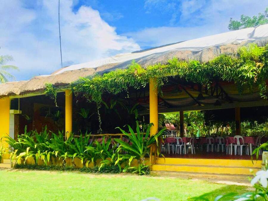 Un edificio amarillo con techo de paja, zona de estar al aire libre y abundante vegetación.
