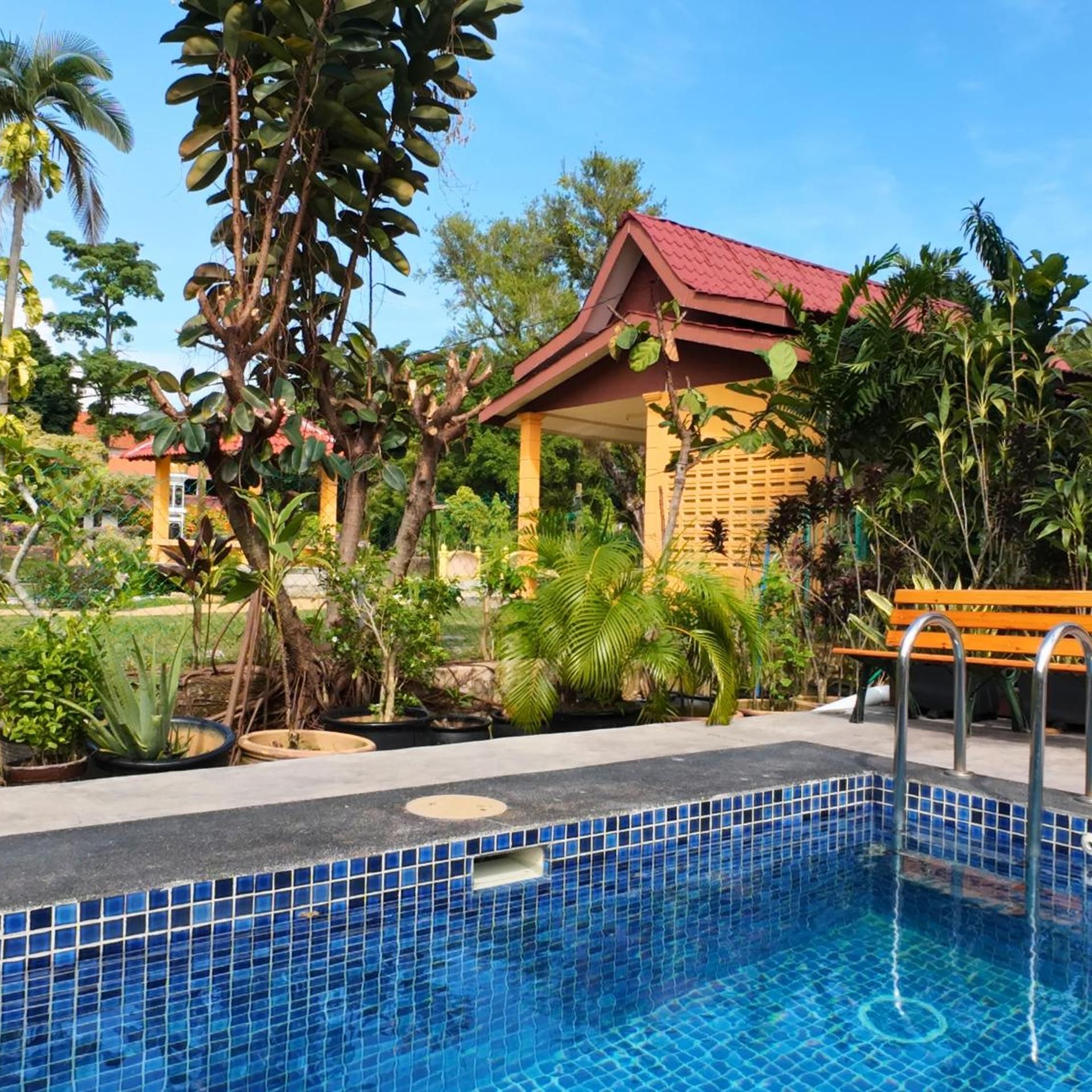 A swimming pool with tiled edges, surrounded by tropical plants and a building with a red roof.