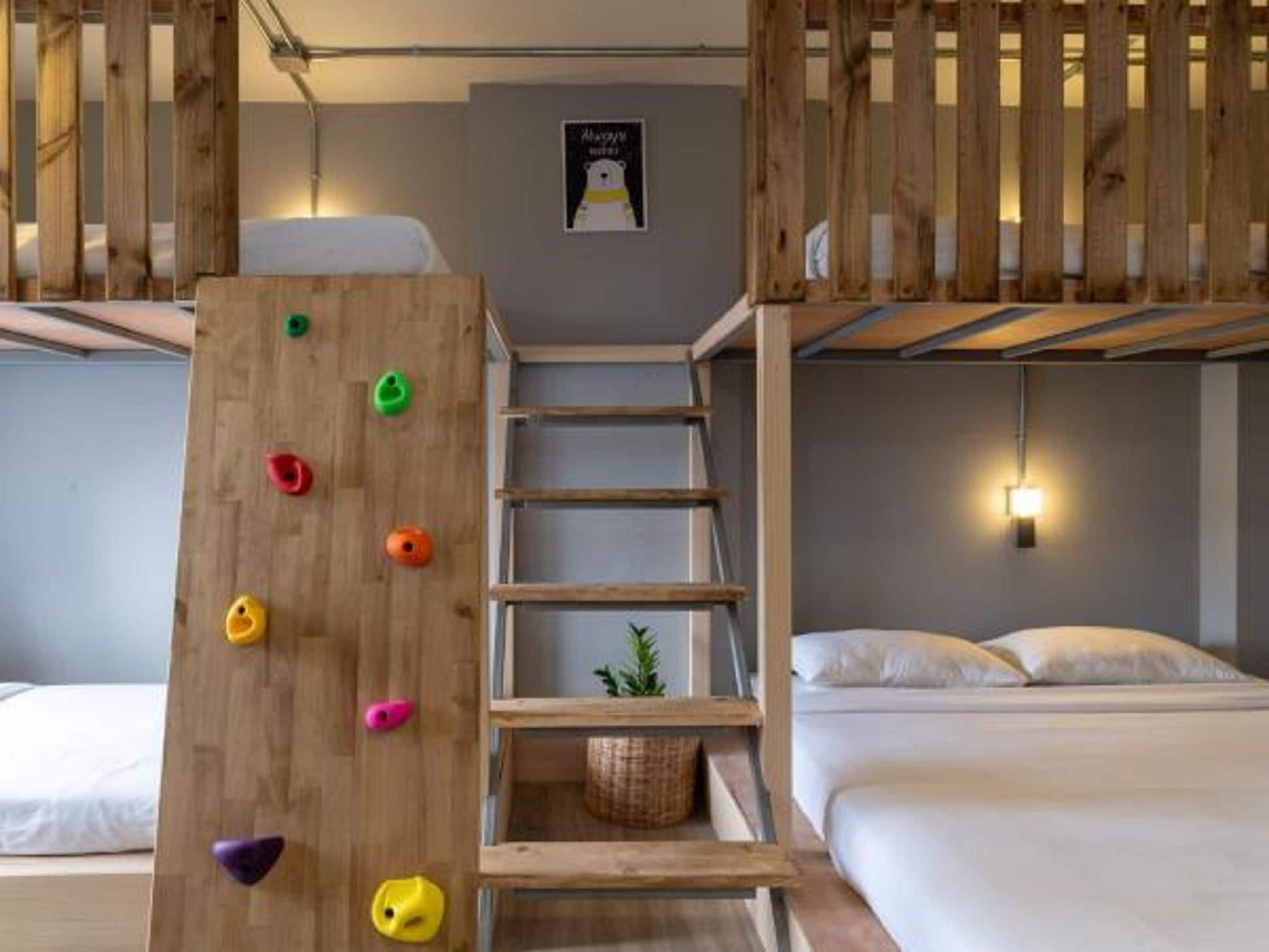 Habitación con literas, una pared de escalar, una escalera y una planta pequeña en el suelo.