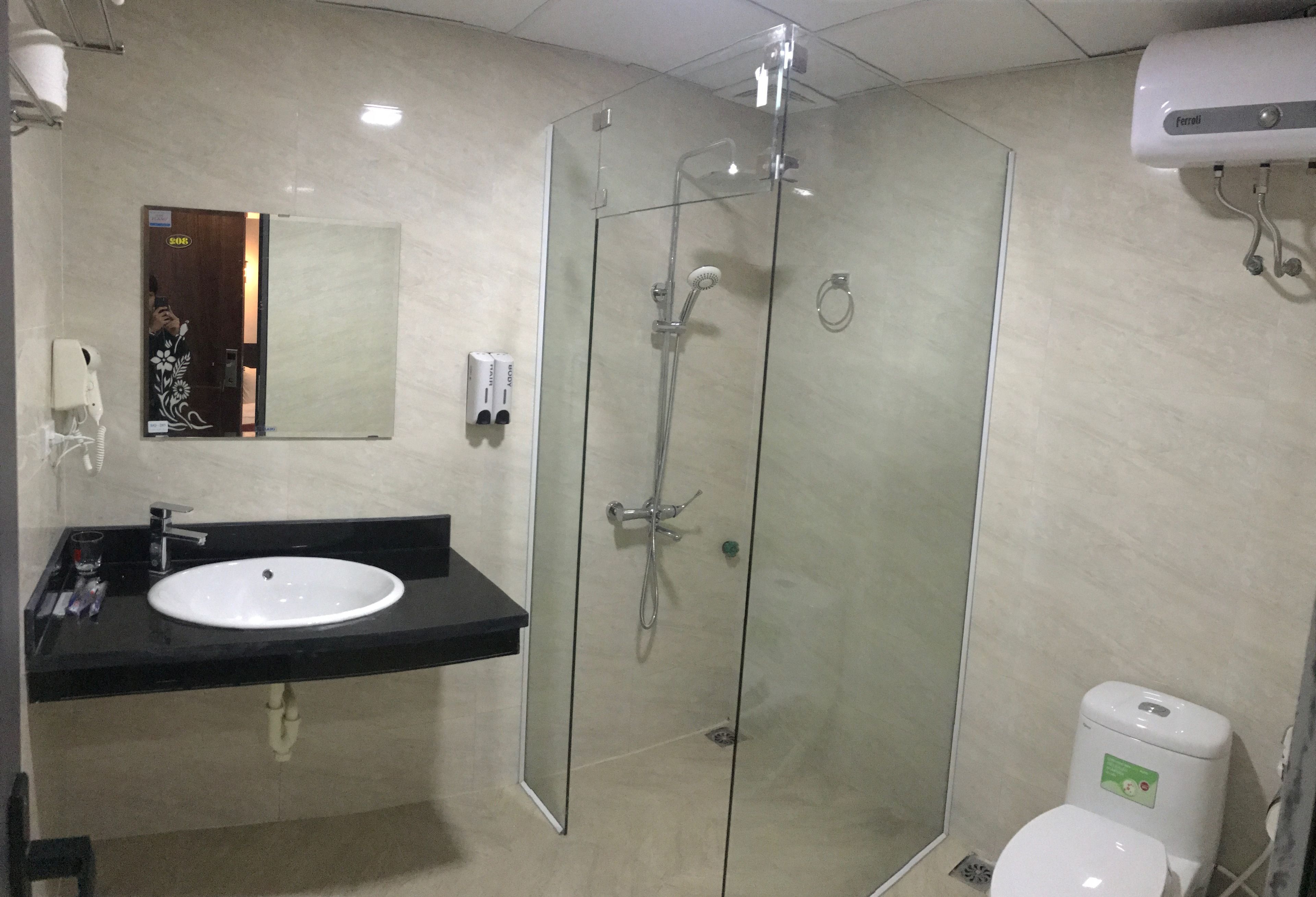 shower, free toiletries, hair dryer, slippers