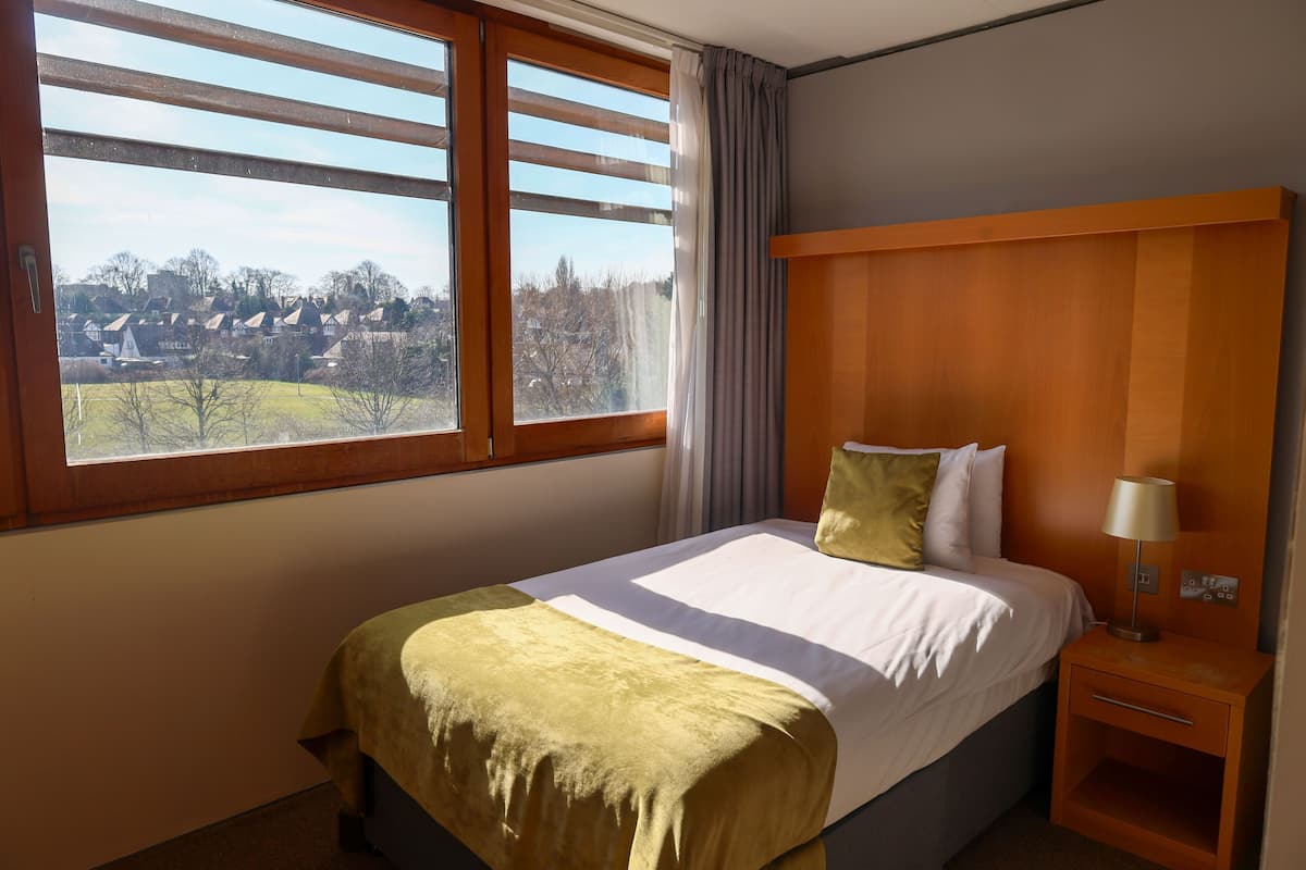 A hotel room with a bed, a nightstand, a lamp, and a window with a view of a residential area.