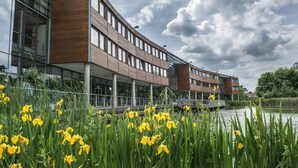A modern building with large windows and a glass facade, situated next to a body of water with yellow flowers in the foreground. - The Jubilee Hotel & Conferences (Nottingham)