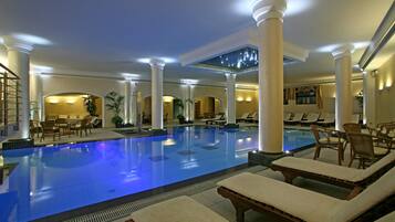 Indoor pool, outdoor pool, sun loungers