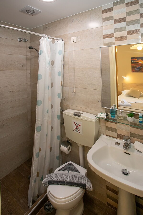Une salle de bain équipée d’une douche, de toilettes, d’un lavabo et d’un miroir dans lequel on peut voir un lit.