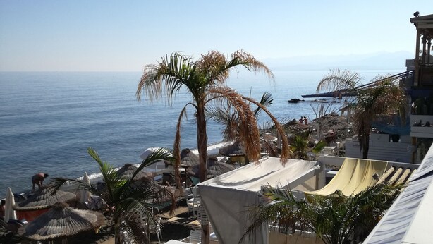 A beachside resort with outdoor seating, palm trees, and a view of the sea. - Olympic Star Apartments (Hersonissos)