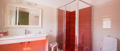 A modern bathroom with a glass-enclosed shower, a white sink, and a toilet.