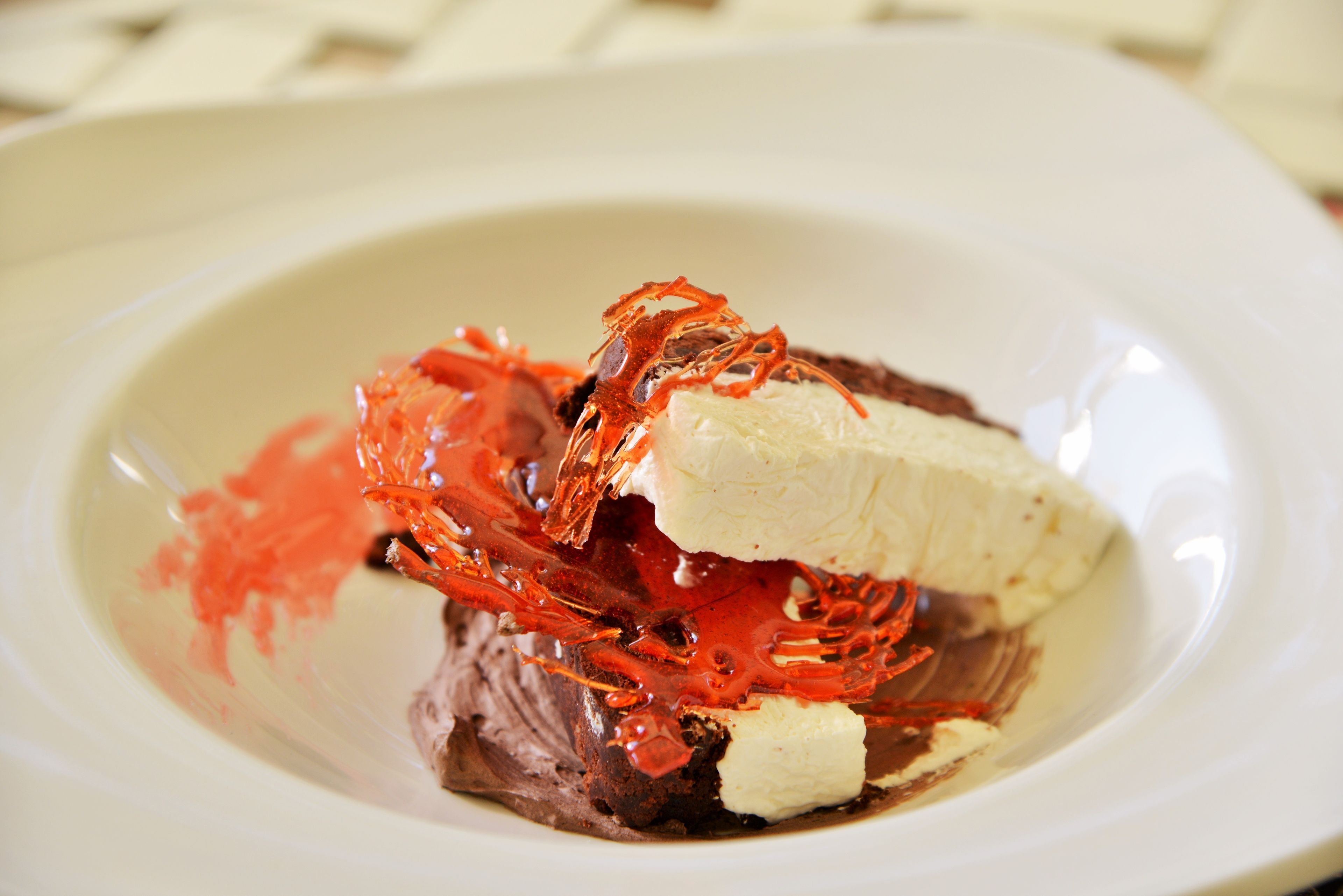 A dessert with ice cream and chocolate sauce on a plate.