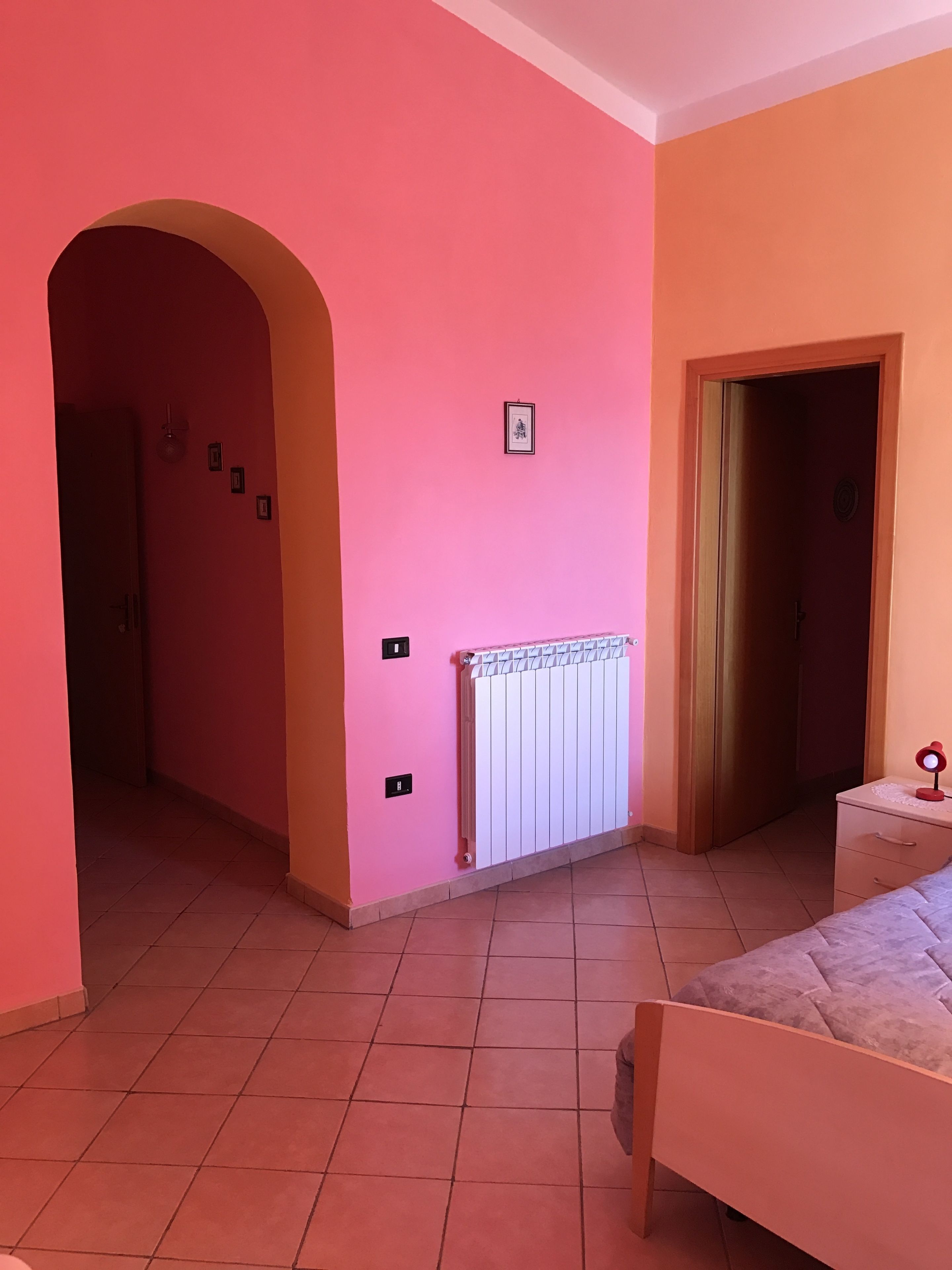 A room with pink walls, a white radiator, a bed, and a door leading to another room.