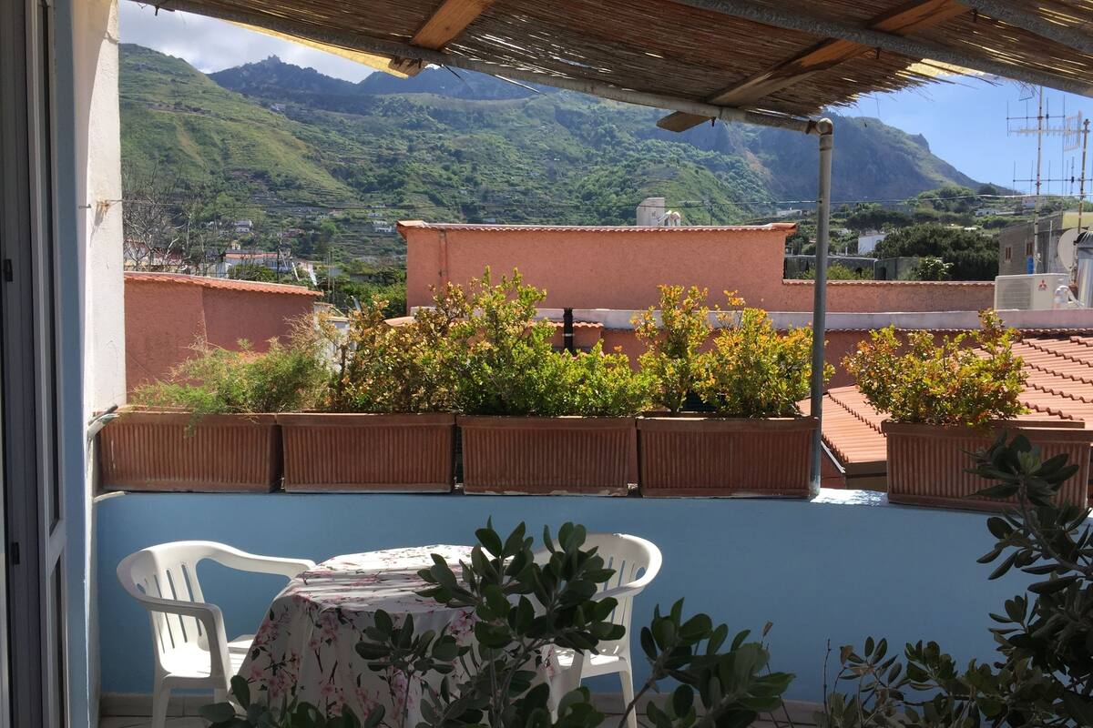 Eine Terrasse mit Blumentöpfen, einem Tisch und Stühlen.