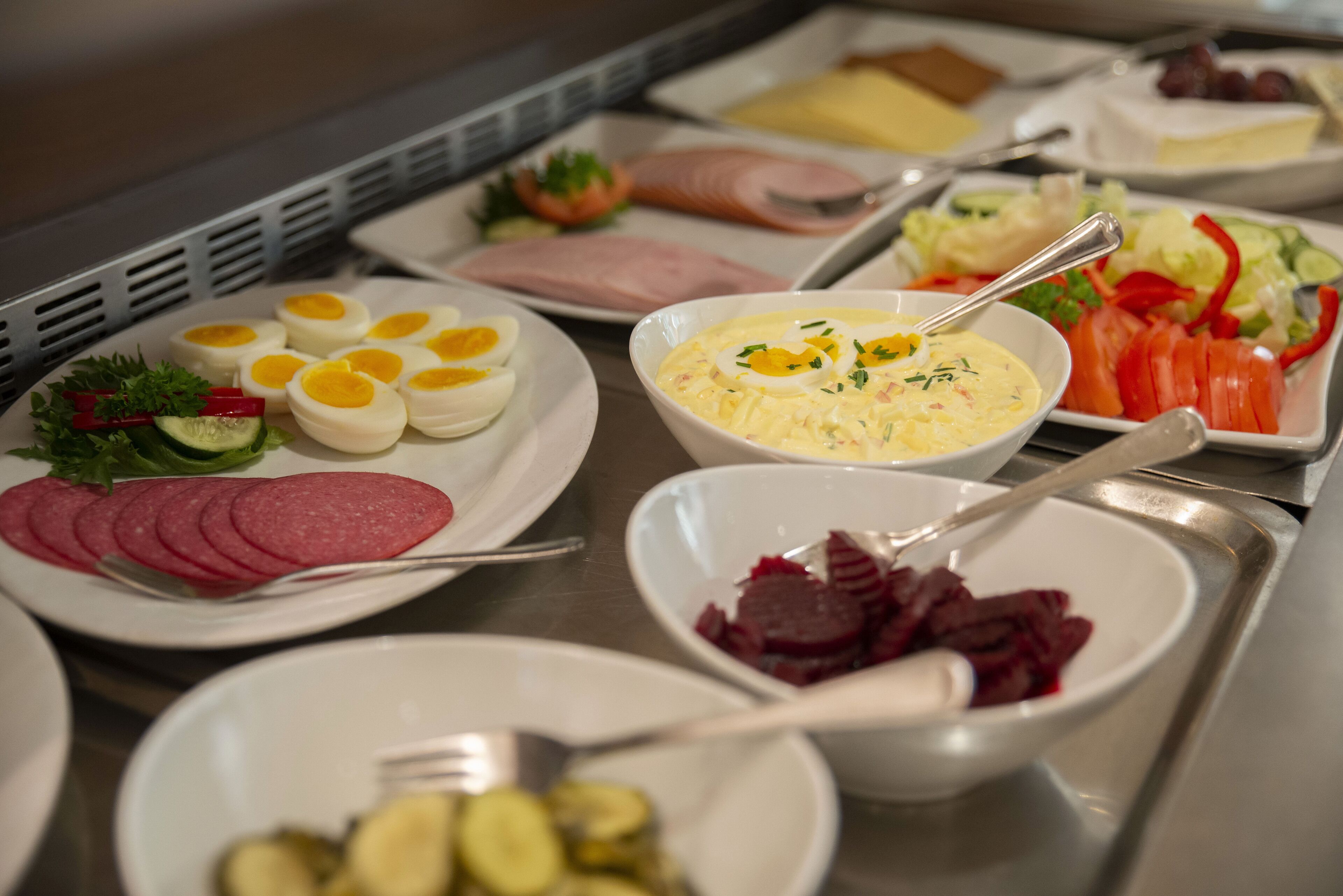 A buffet with various food items including sliced meats, eggs, and salads.